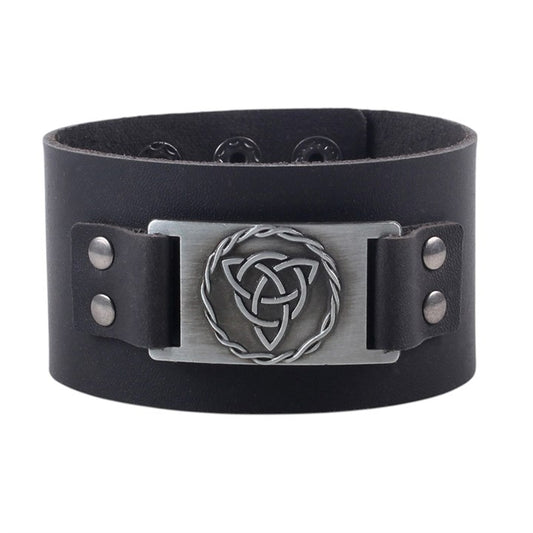 Black Celtic Triquetra Knot Leather Cuff Bracelet