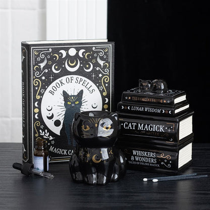 Black Cat Book Stack Oil Burner with Cat