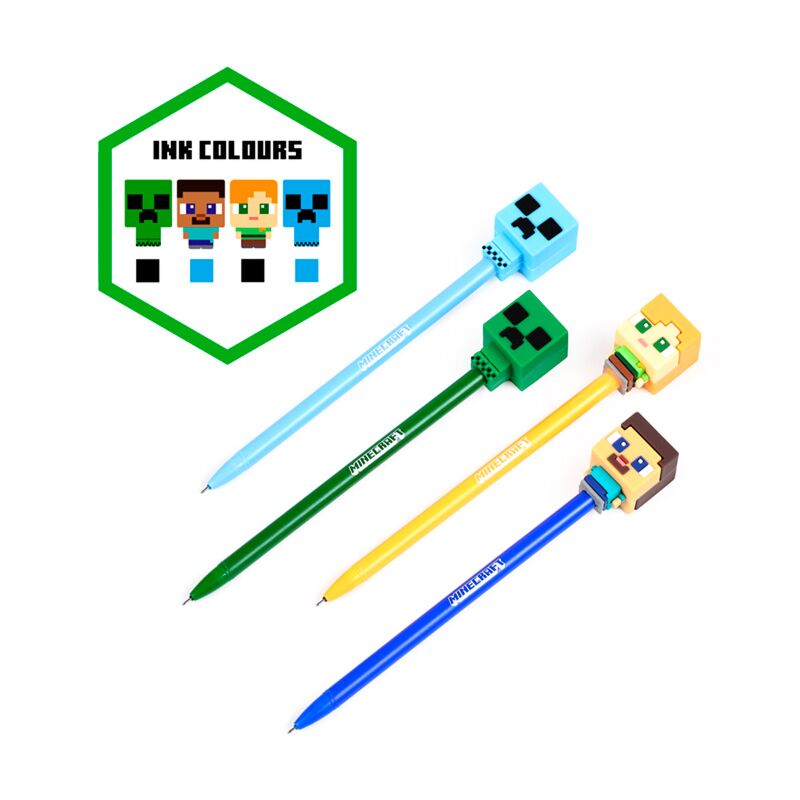 Set of 4 Erasable Pens with Minecraft Chibi Silicone Topper