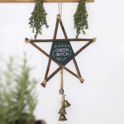 Green Witch Hanging Willow Pentagram with Bells